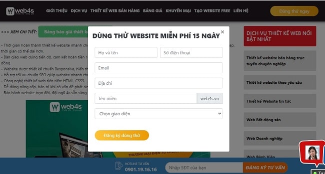 Đăng ký dùng thử website tại Web4s